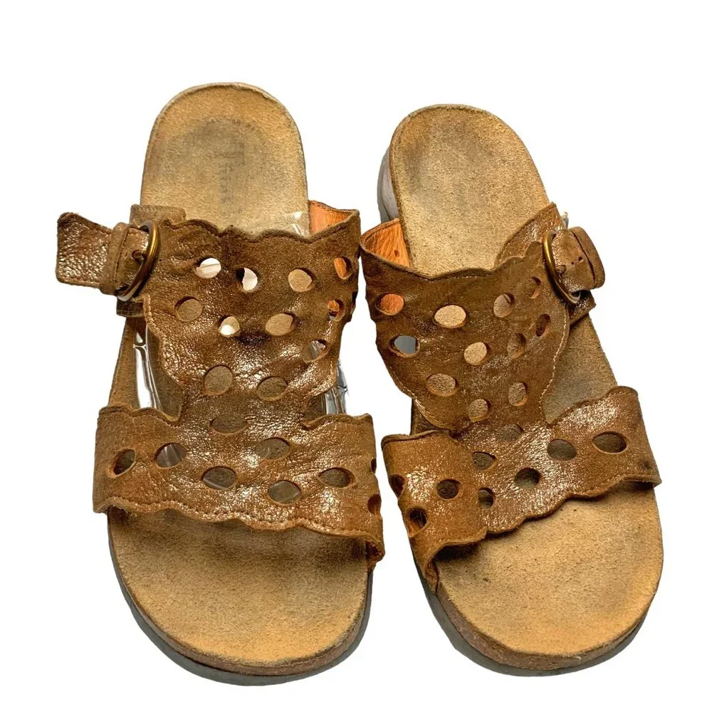 THINK! Mizzi Frosted‎ Leather T Strap Cut Out Buckle Sandals